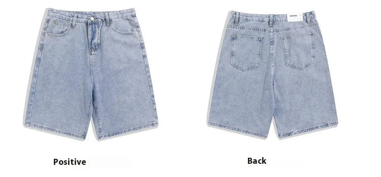 Men's straight-leg denim shorts in light blue on a mid waist, featuring a five-point cut and zip fly.