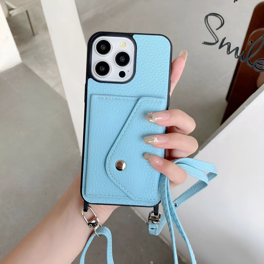 Lychee pattern crossbody phone case for iPhone 14 in imitation leather with card holder