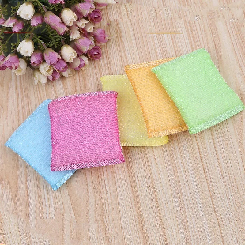 Pinstripe fabric dishwashing sponge mop in macaron colours showing sponge, plastic and silk thread construction