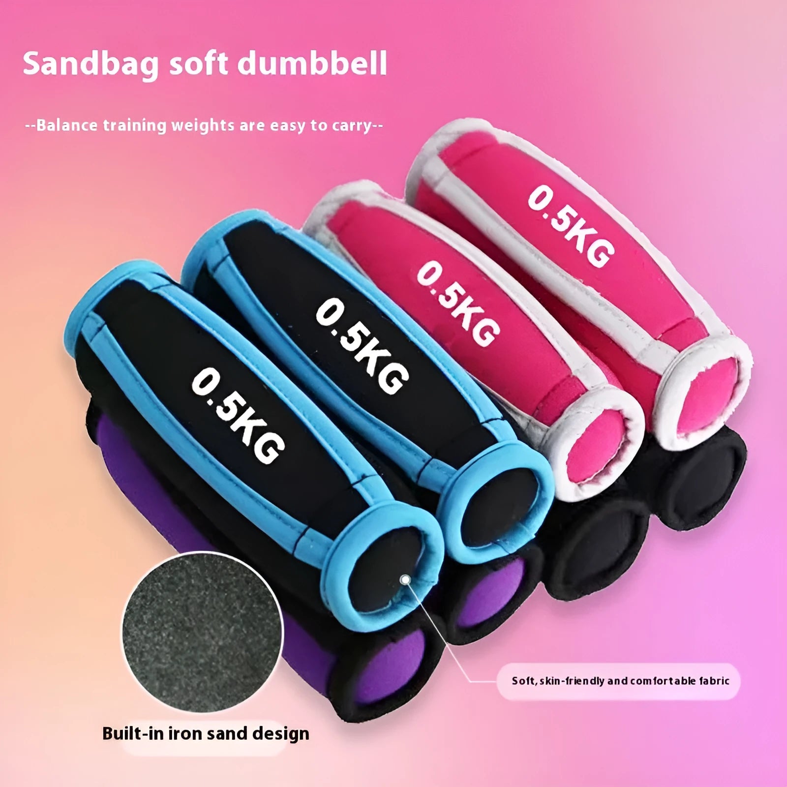 Pair of colour sand soft dumbbells in purple, diving cloth outer, 0.5kg weight, for home fitness