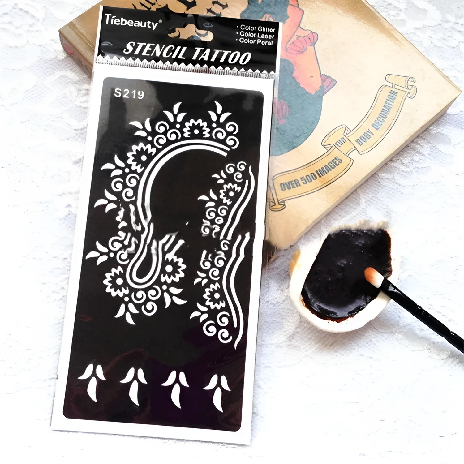 Geometric hollow tattoo template sticker on water transfer paper showing Southeast Asian design