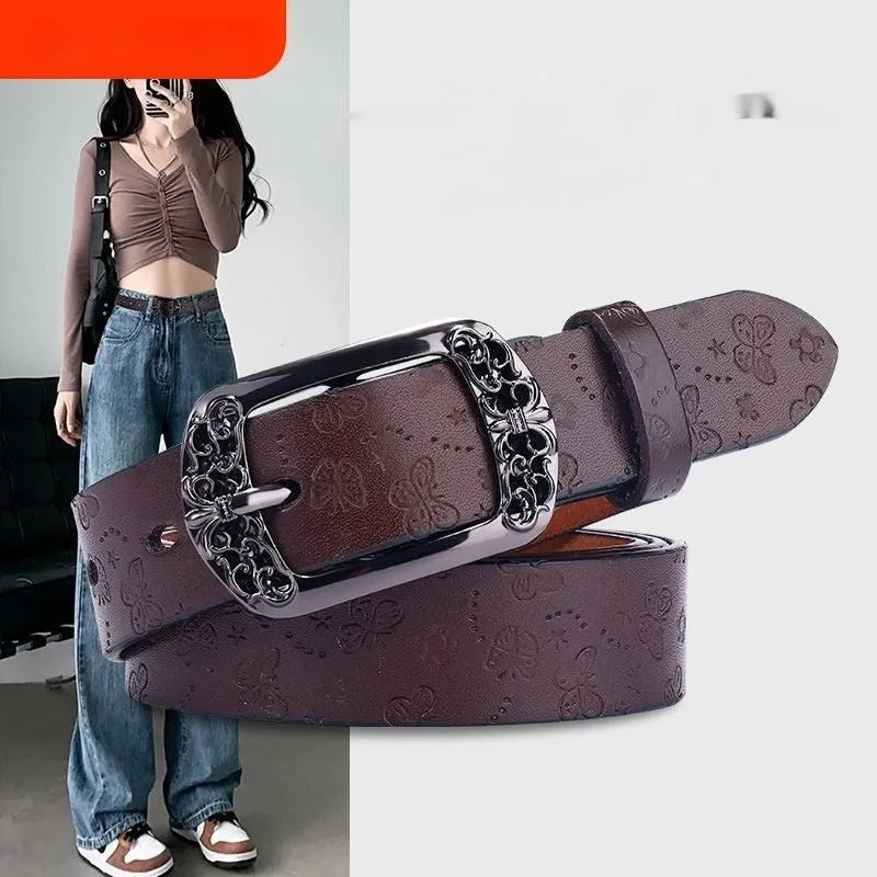 Thin black PU leather decorative belt with two silver alloy buckles fastened