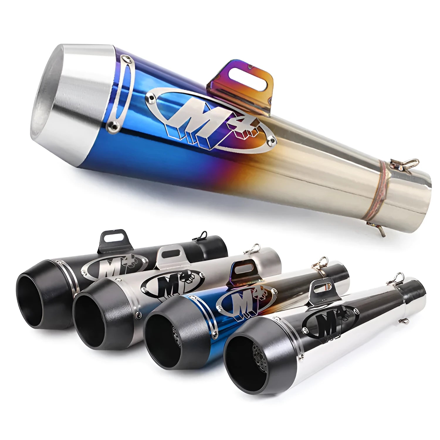 Universal M4 motorcycle exhaust pipe in various finish options including black, titanium, and blue.