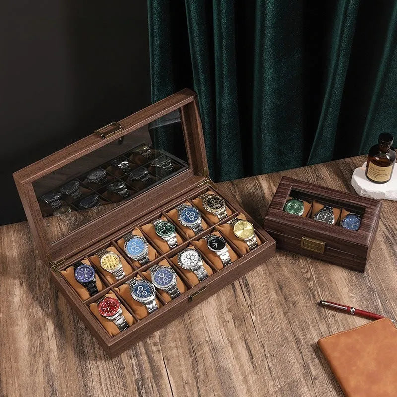 Wood grain PU leather watch storage box with glass lid showing multiple slots with soft pillows