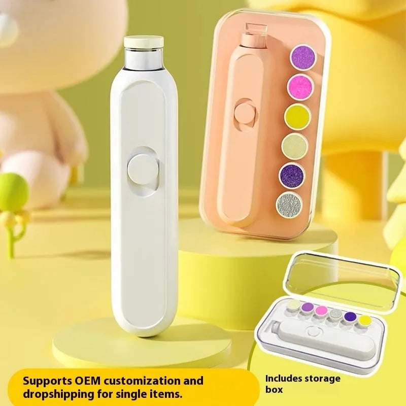 Lightweight maternal and child nail trimmer with orange unit, grinding heads, and storage box on white background