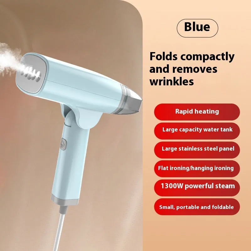 Blue handheld garment steamer with water tank and temperature control dial