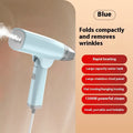 Blue handheld garment steamer with water tank and temperature control dial