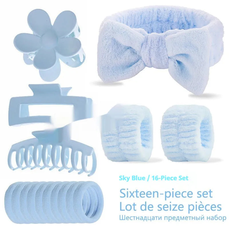 16-piece plaid bow hair band set with wrist strap and barrettes in nine colours including pink and blue.