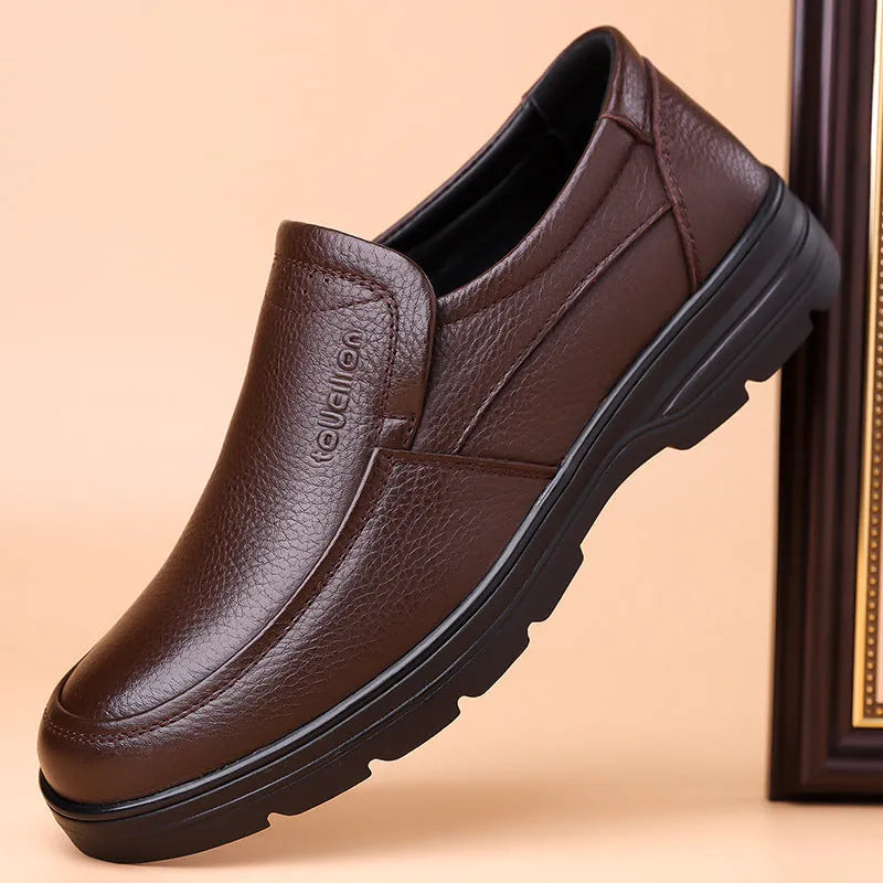 Men's black or brown cowhide leather lace-up business casual shoes with rubber sole, flat heel, round toe and stitching detail, sizes 38-44