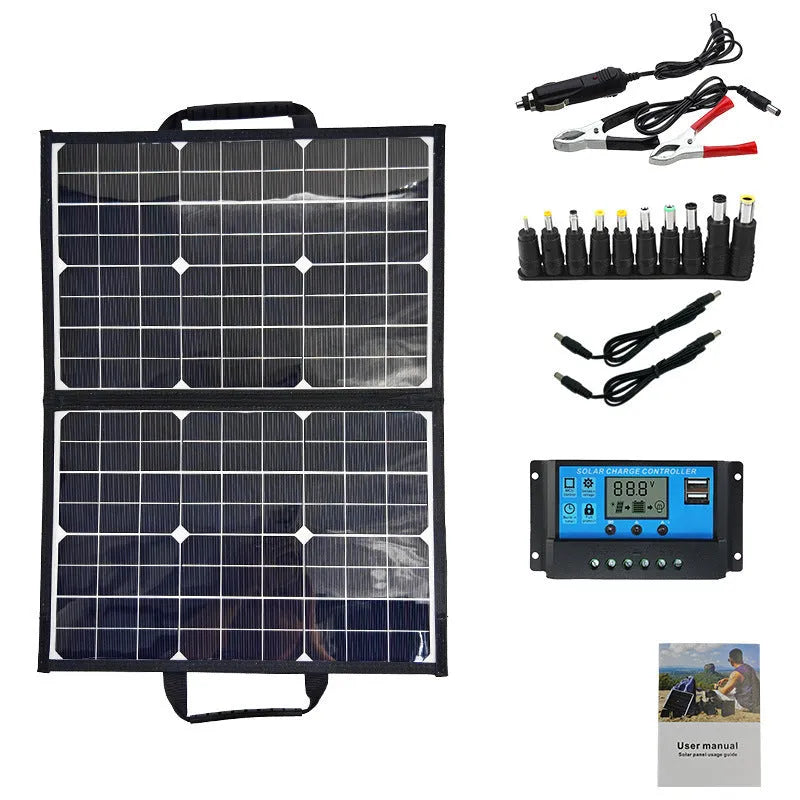 Black 40W solar panel folded inside its portable carrying bag.