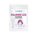 A jar of 100g hyaluronic acid powder for DIY skincare, shown with a sheet mask.