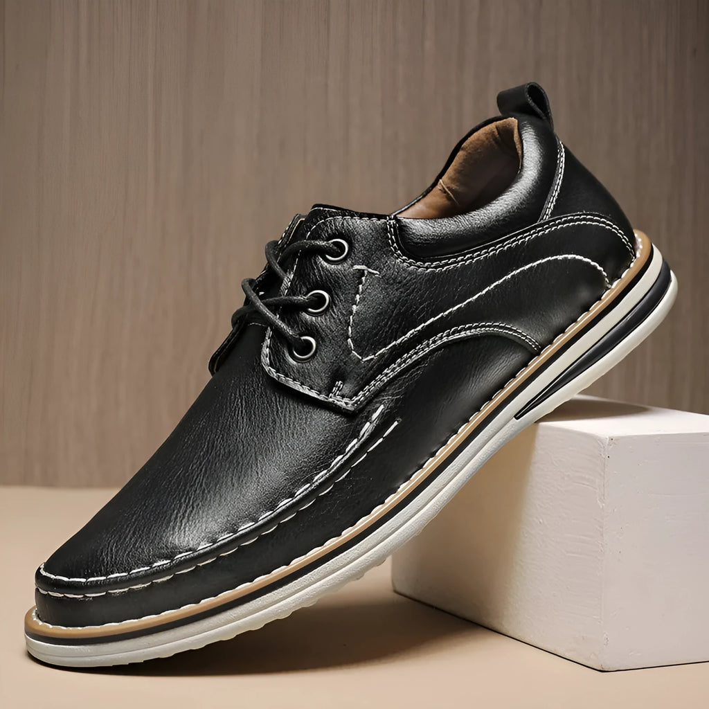 Men's genuine leather casual shoes with round toe and front lace-up in black, brown, or grey colour options