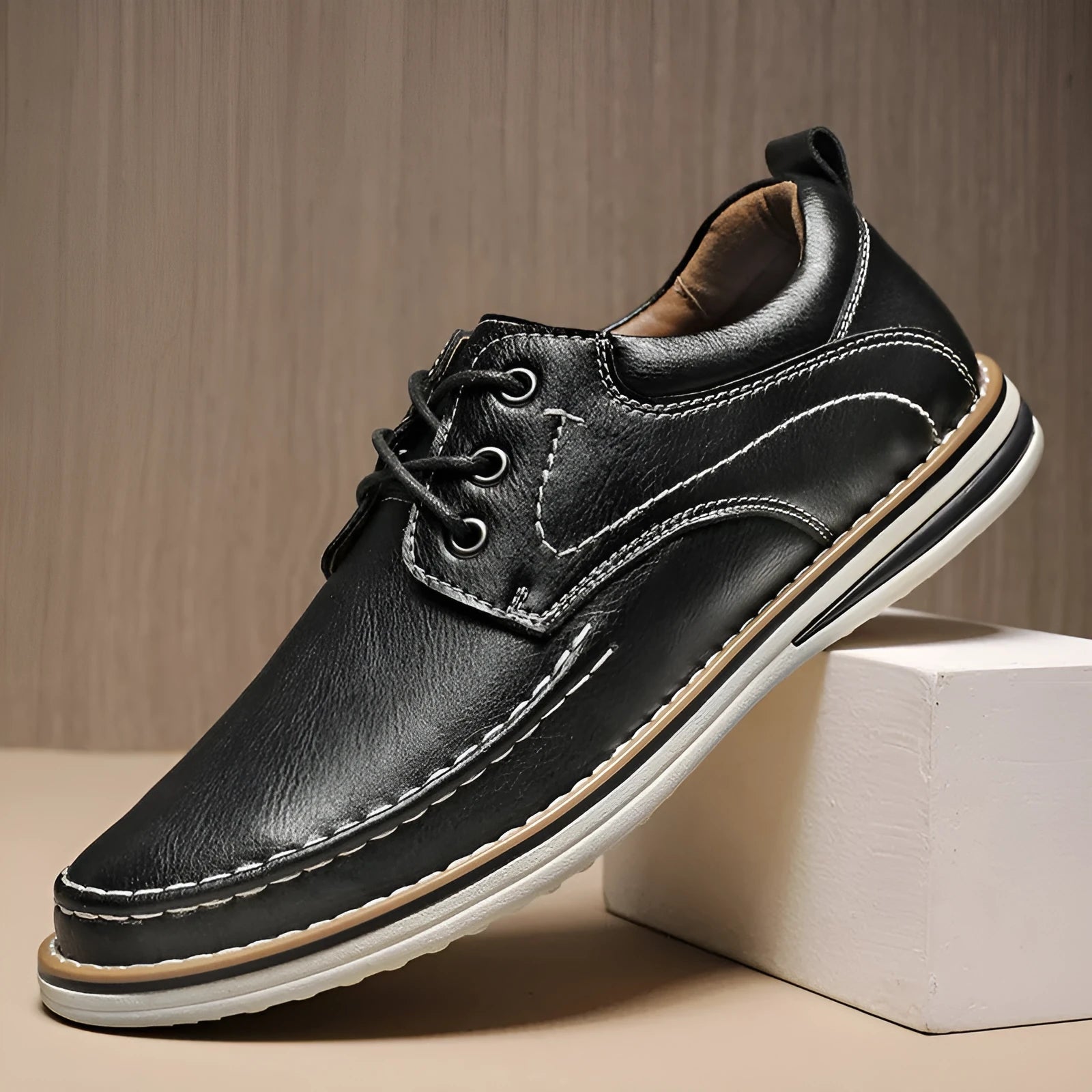 Men's genuine leather casual shoes with round toe and front lace-up in black, brown, or grey colour options