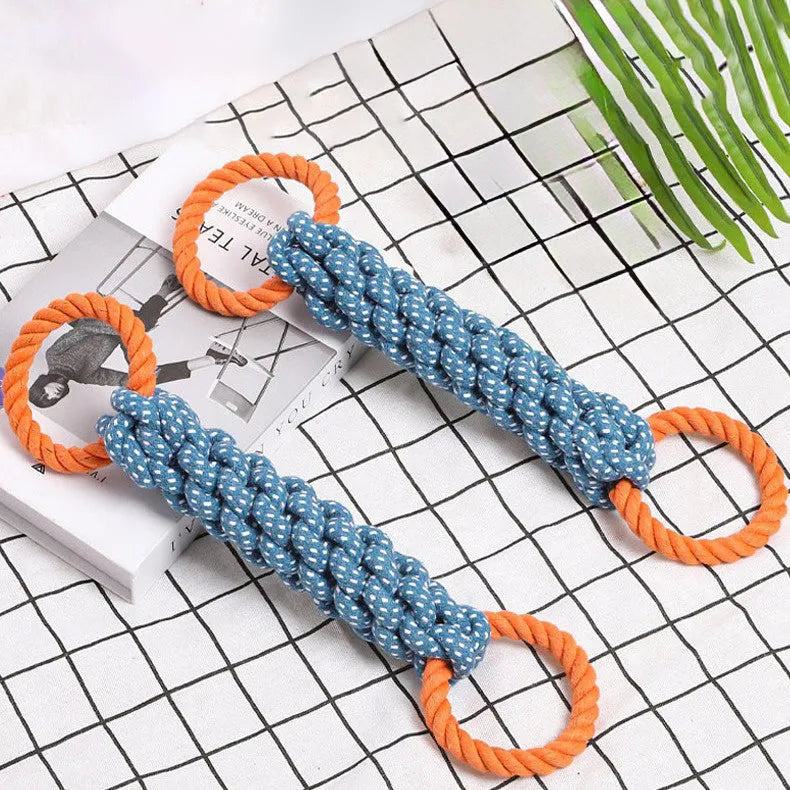 Blue double-ring braided cotton rope dog chew toy with bone shape and textured knots for dental cleaning