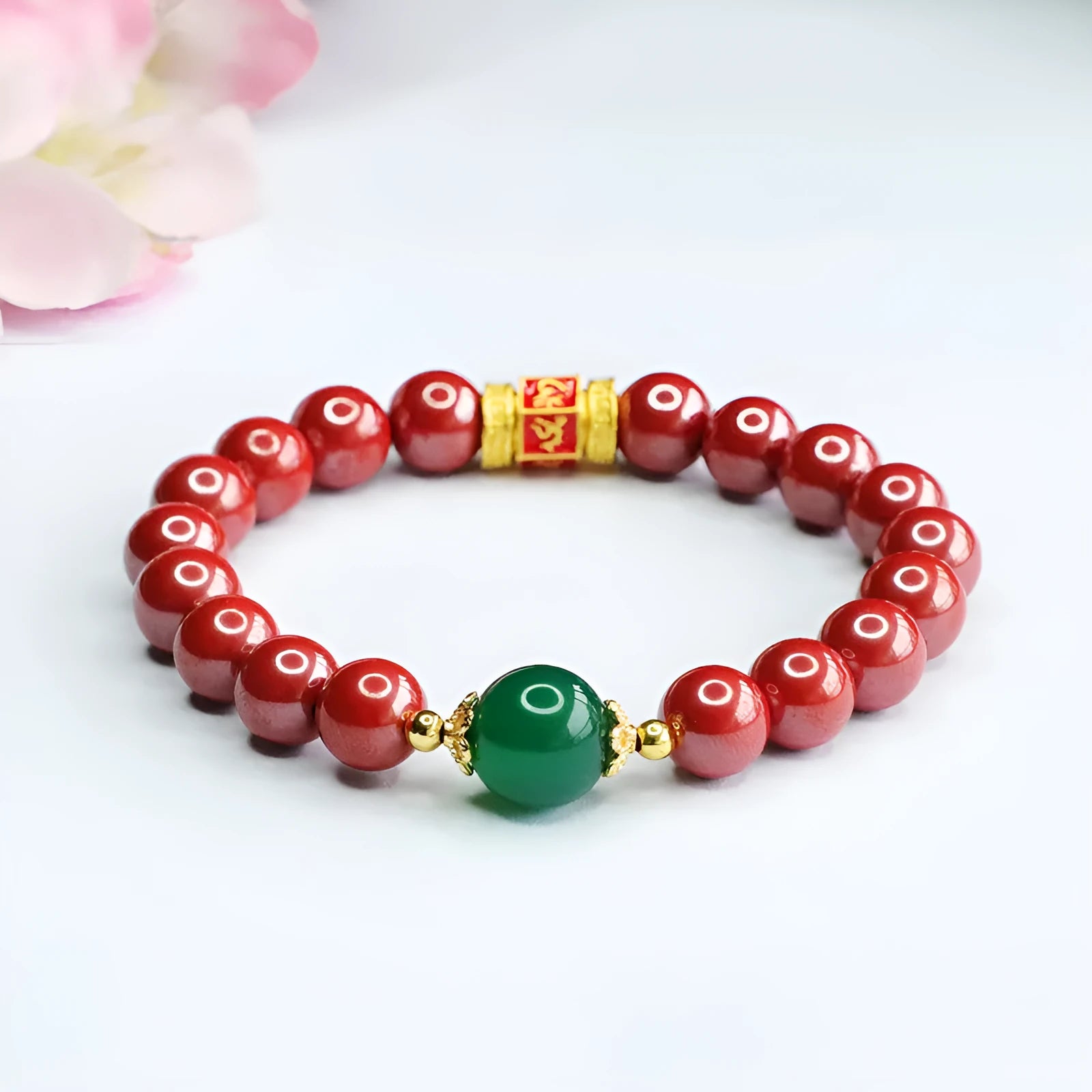 Emperor sandstone cinnabar bracelet with six-words proverb engraving showing 8mm bead diameter