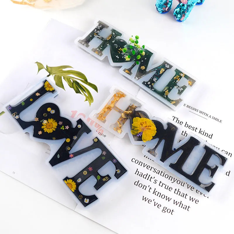 Silicone epoxy mould showing English alphabet letters and love-themed words for jewellery making