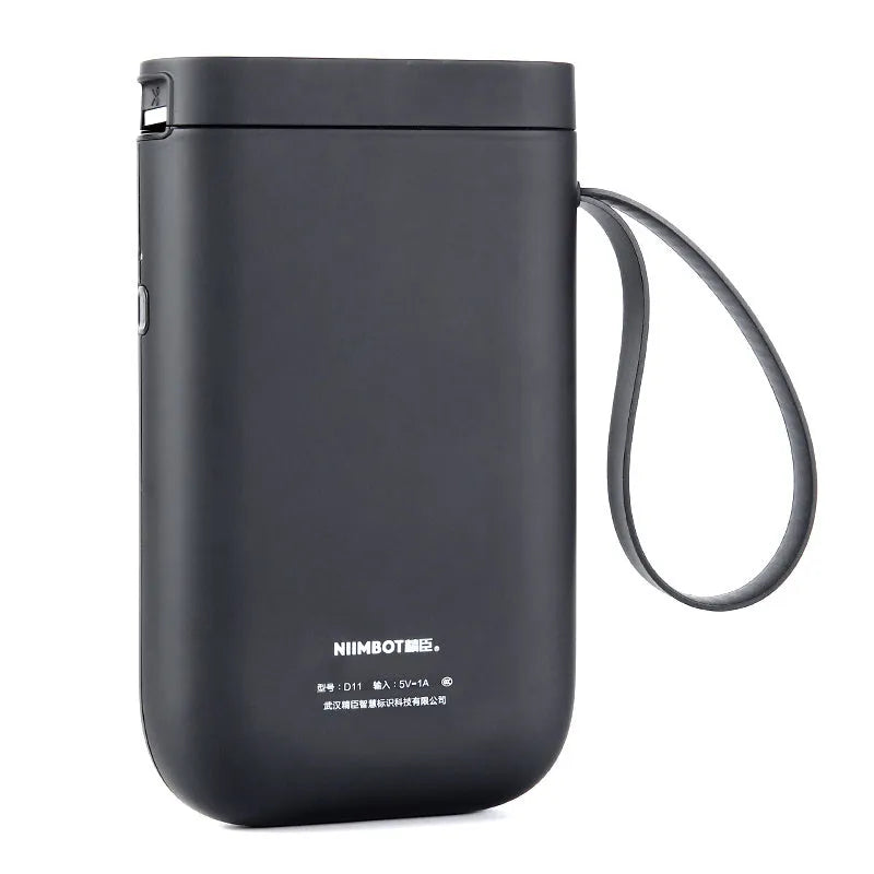 D11 Bluetooth direct thermal label printer in black, compact size 108x76x30mm, with thermal paper roll