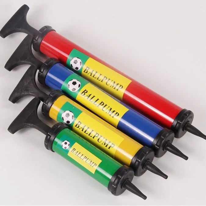 Mixed colour plastic manual hand pump for inflating sports balls and balloons.