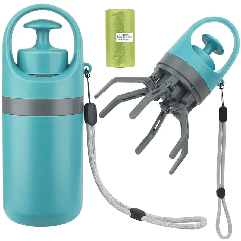 Blue portable dog pooper scooper with built-in bag dispenser and eight-claw shovel.