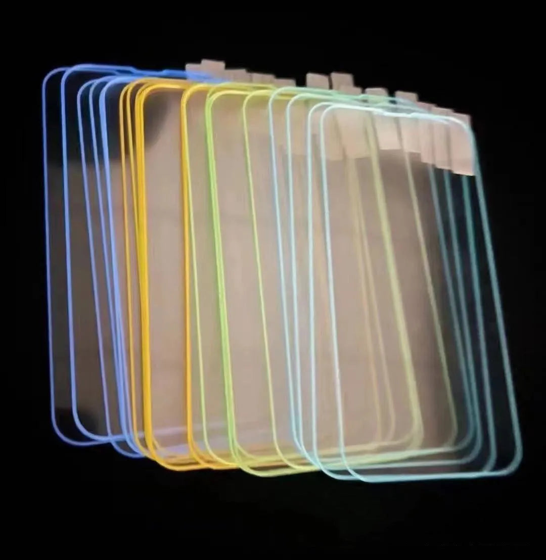 Fluorescent tempered glass screen protector for iPhone in blue luminous colour showing full front coverage.