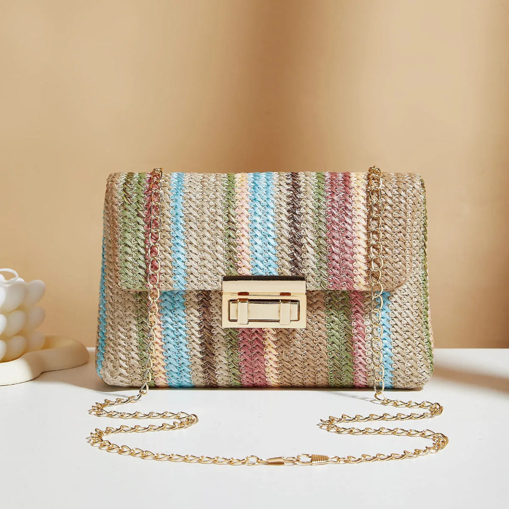 Women's soft straw cross-body bag in horizontal square shape with mobile phone compartment