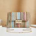 Women's soft straw cross-body bag in horizontal square shape with mobile phone compartment