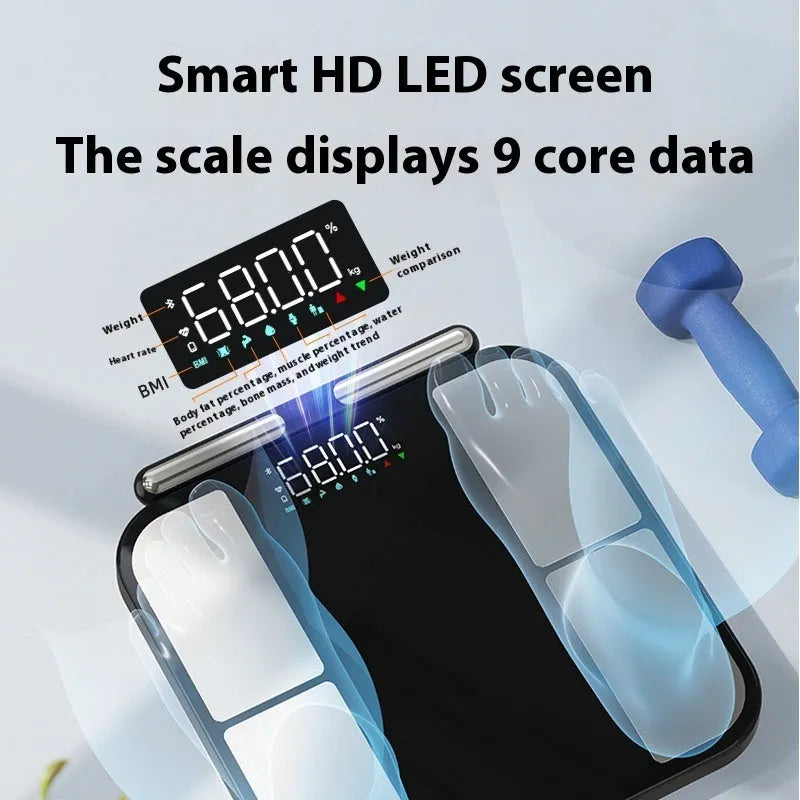 Black electronic bathroom scale with tempered glass platform and colour screen display