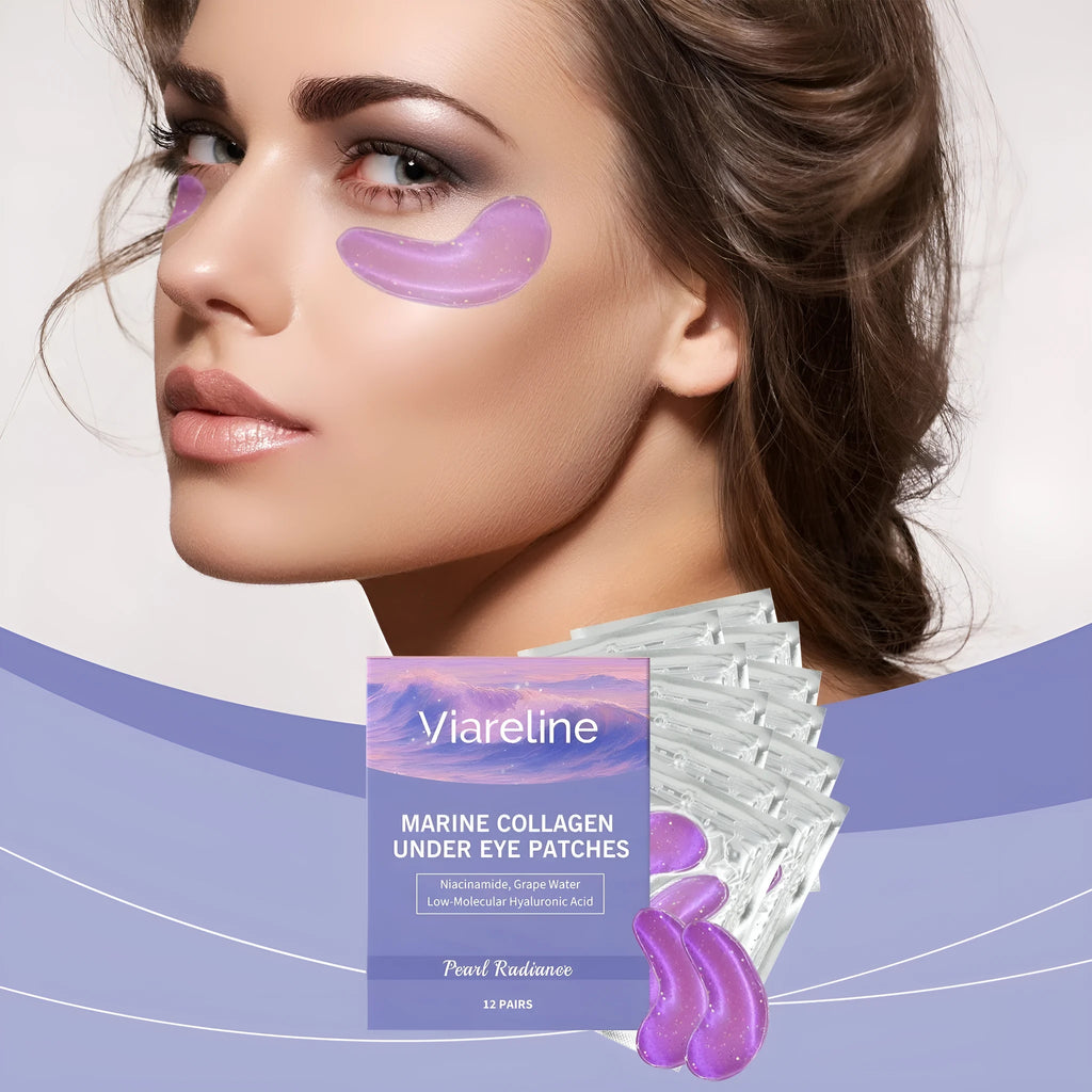 Box of 12 pairs of collagen and hyaluronic acid moisturising eye masks.