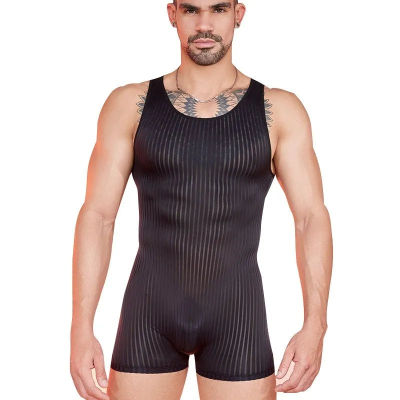 Men's striped nylon jumpsuit in black, dark grey, or white, showing vertical bar pattern.
