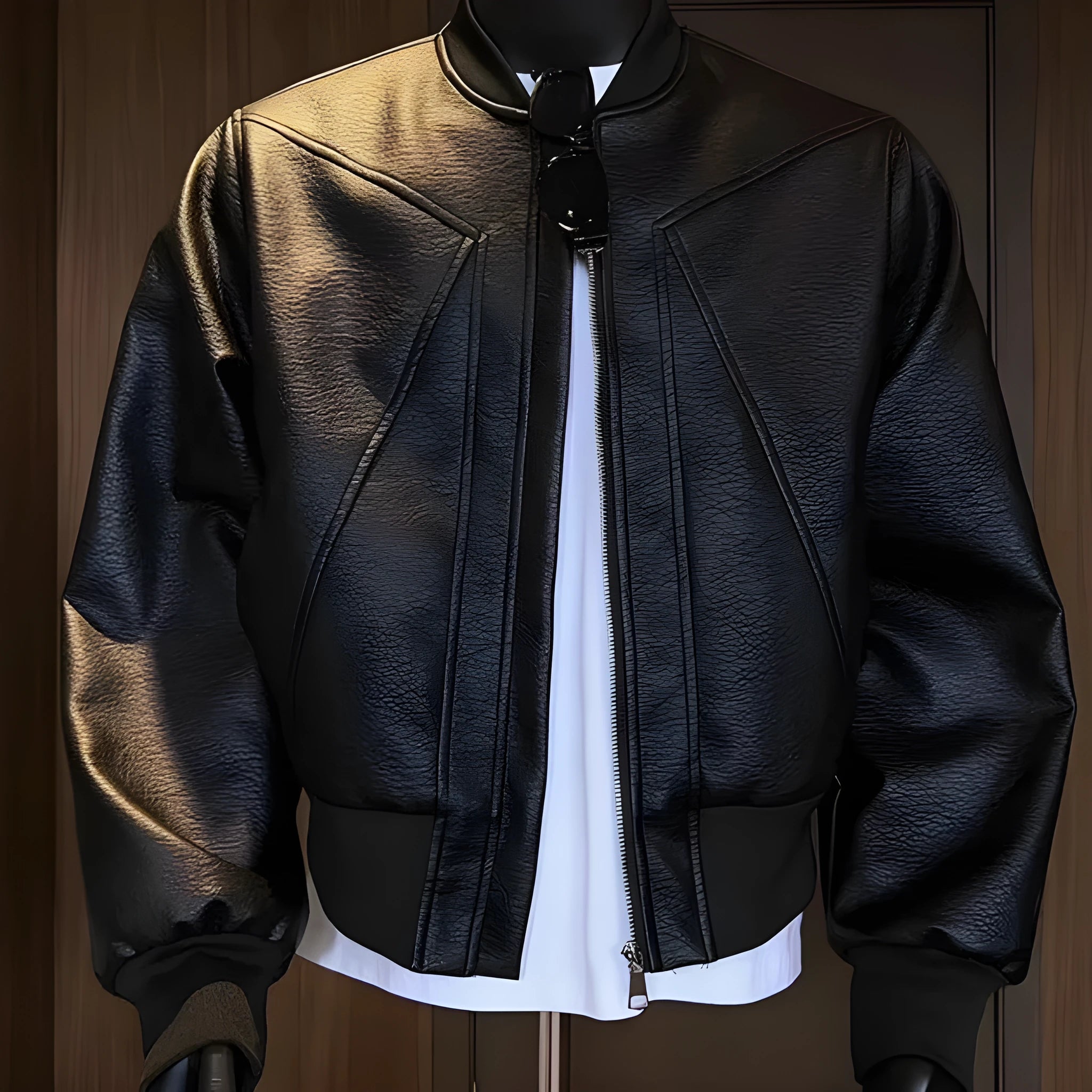 Men's long black slim-fit PU leather jacket with litchi grain texture on a hanger.
