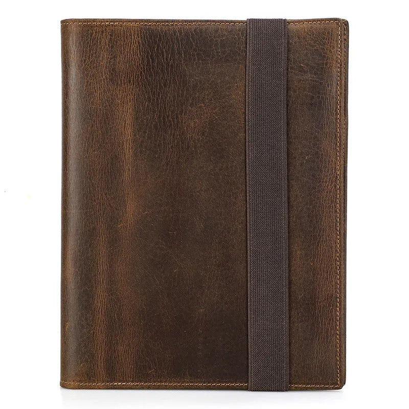 Brown Crazy Horse leather A5 notebook protective sleeve with square socket opening