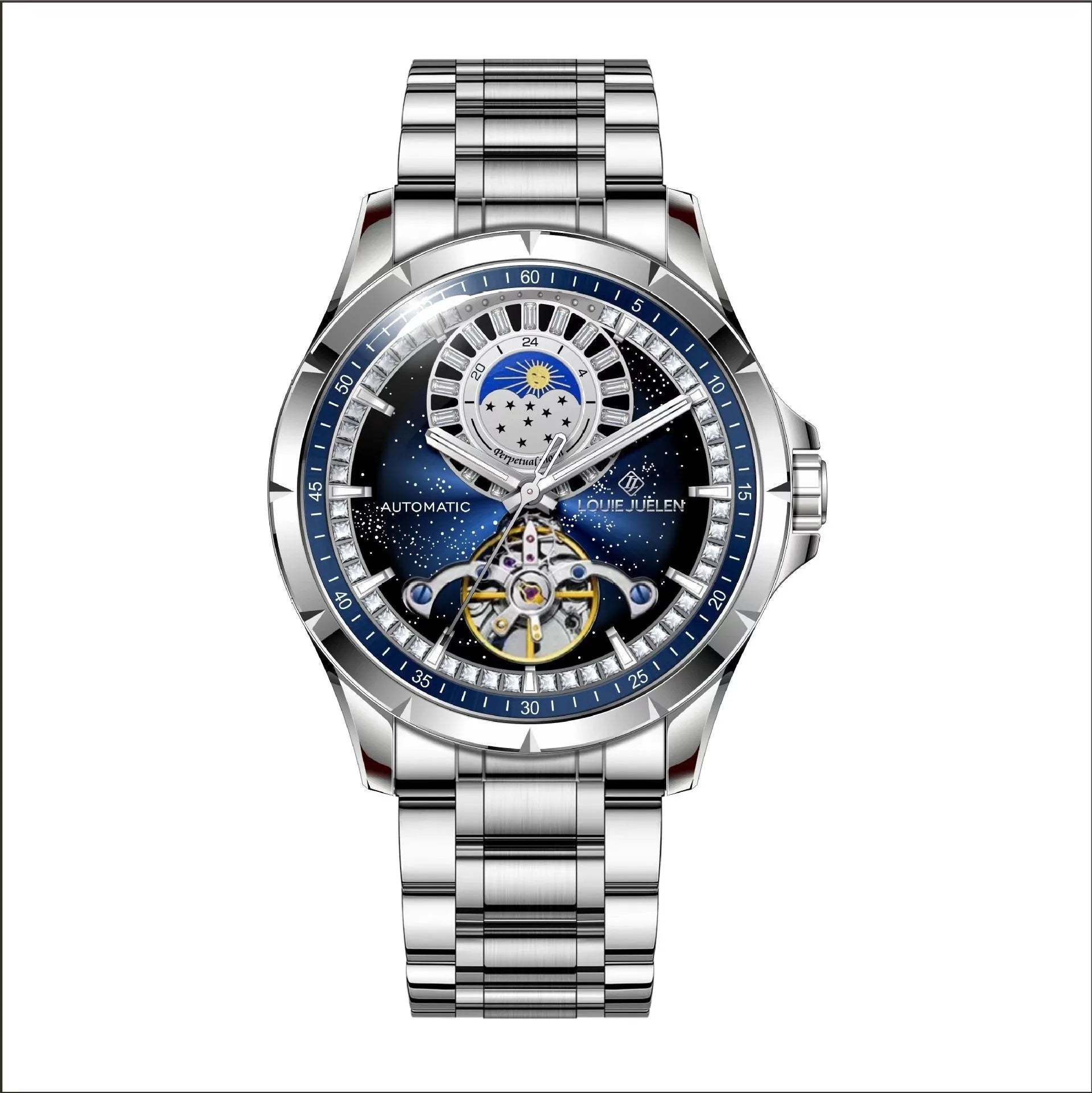Men's silver automatic mechanical watch with blue dial and stainless steel bracelet on wrist.