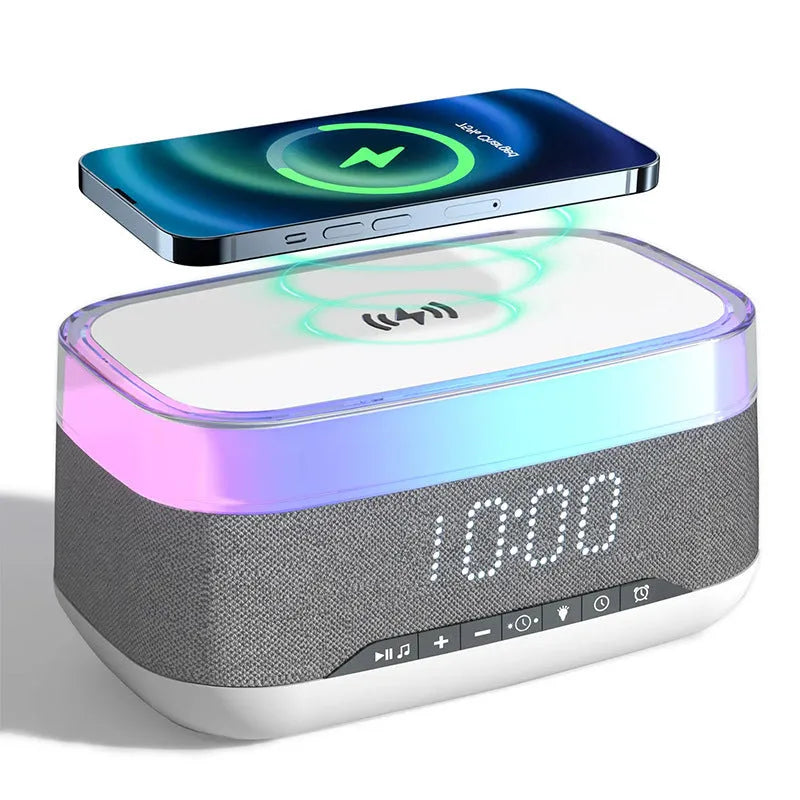 White multifunctional alarm clock with Bluetooth speaker and wireless charging pad on a bedside table.