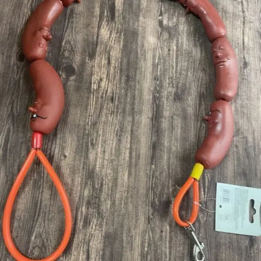 Brown pet training rope with multiple sausage sections and grip tape, measuring 108 cm in total length