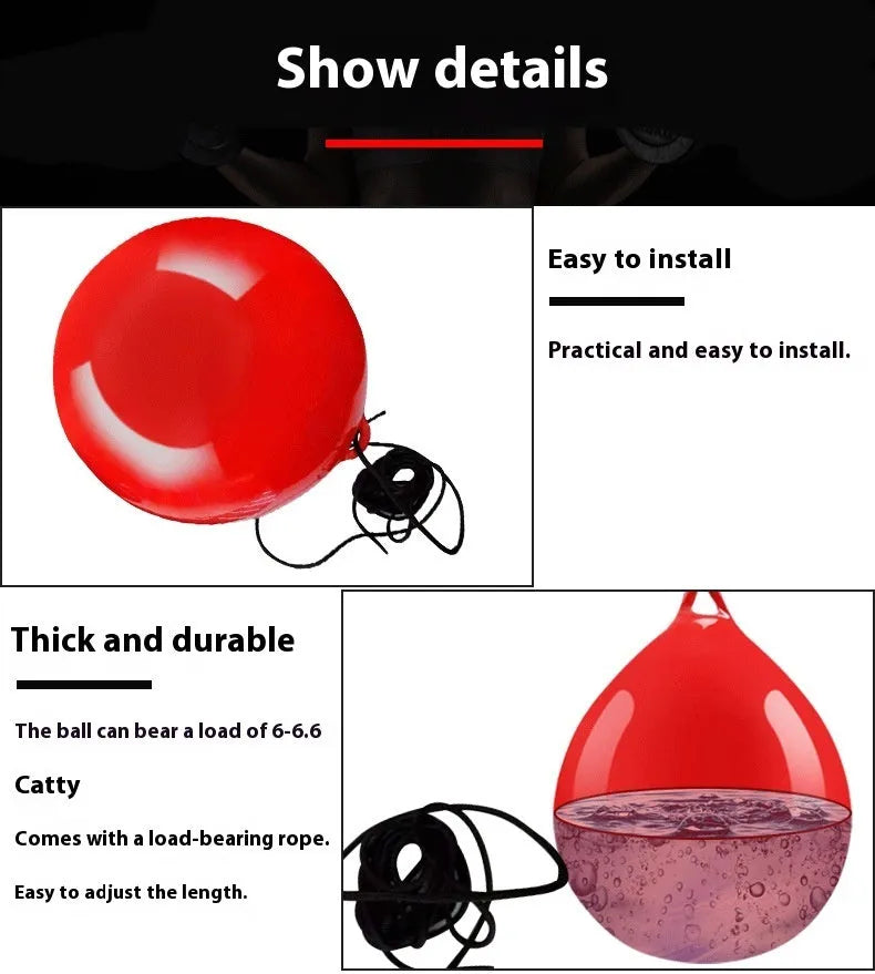 Red water filled PVC boxing reaction ball with hook rope attachment for martial arts training