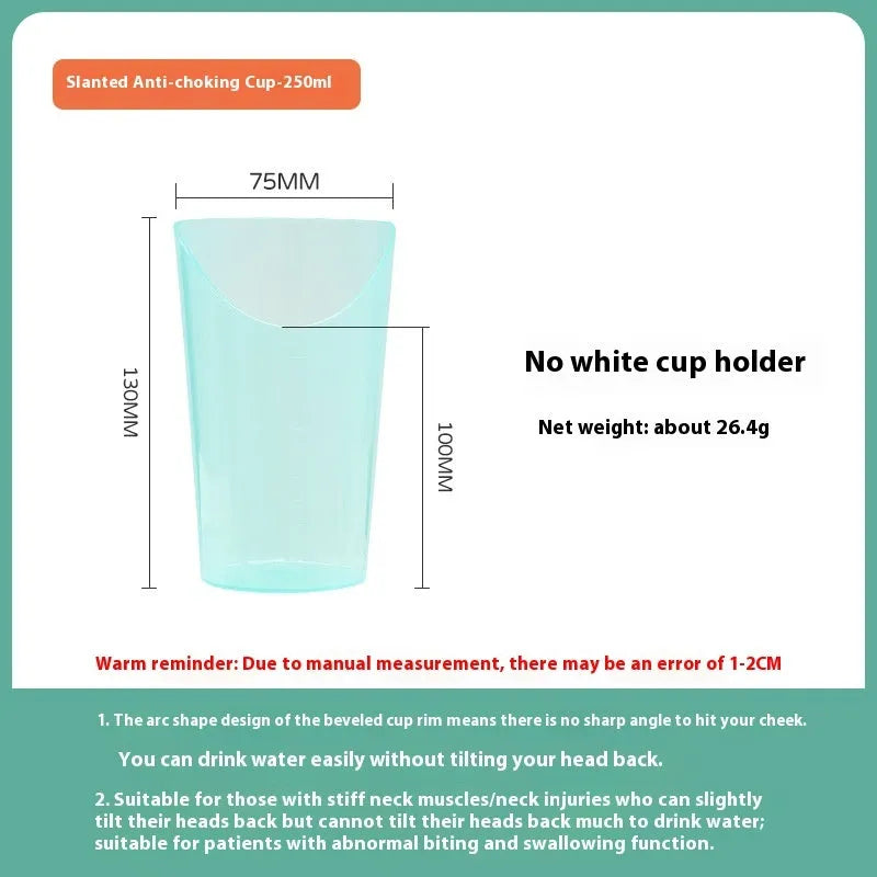 Adult oblique mouth choke proof bed drinking cup with handle and optional wrist splint.