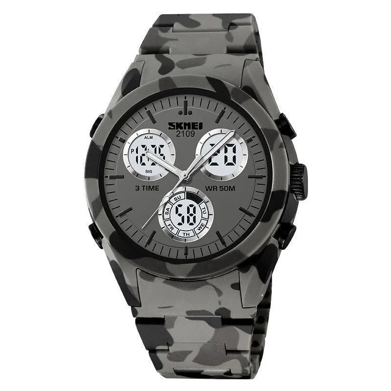 Unisex casual electronic watch with camouflage-pattern strap and 50m water resistance.