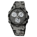 Unisex casual electronic watch with camouflage-pattern strap and 50m water resistance.