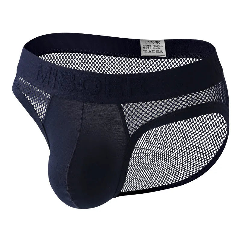 Men's solid colour low waist briefs in nylon mesh fabric on a white background.