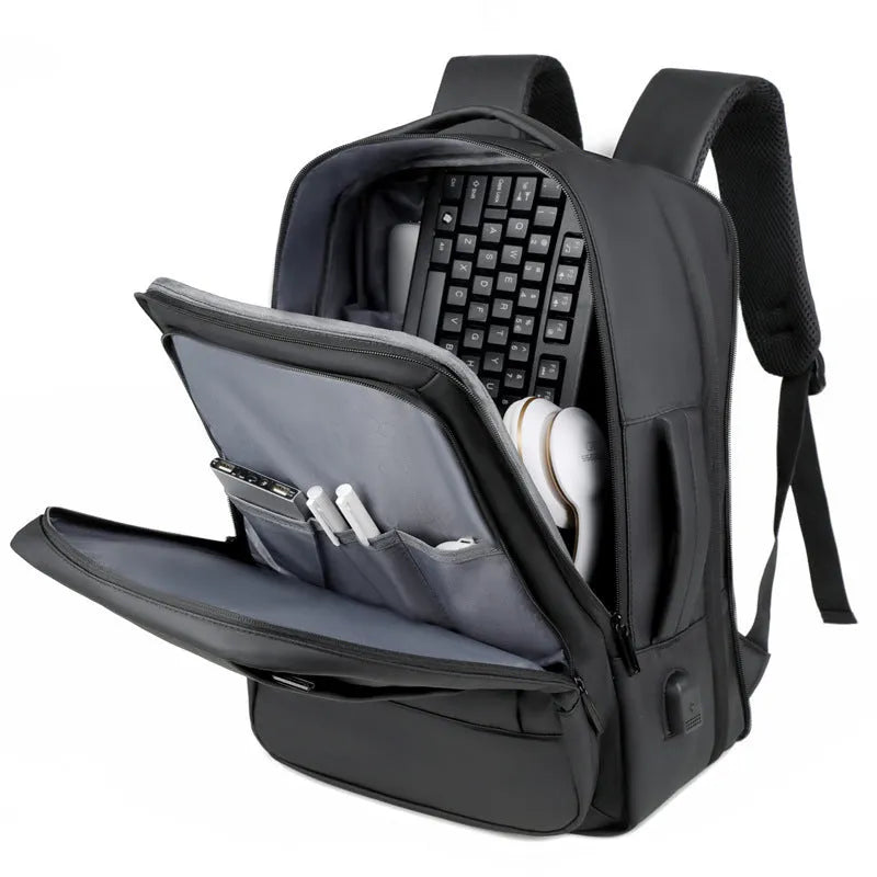 Black waterproof Oxford cloth business backpack with curved shoulder straps and derm leather detailing
