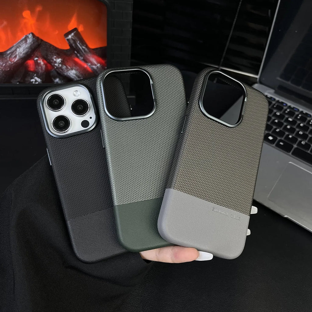 Black iPhone case with dragon scale texture and stitching design, showing magnetic ring on back.