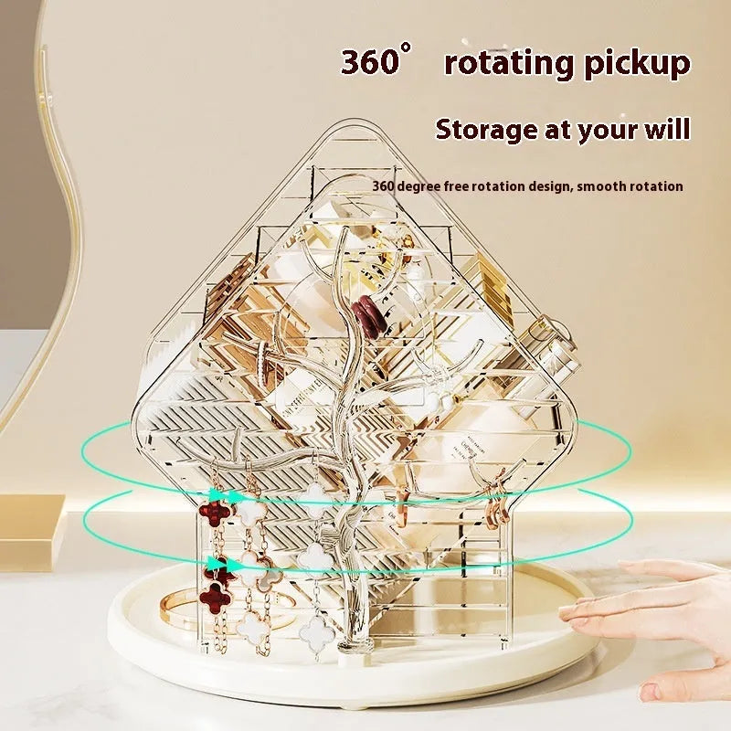 Rotating cosmetics storage box in clear or amber gold colour on a vanity