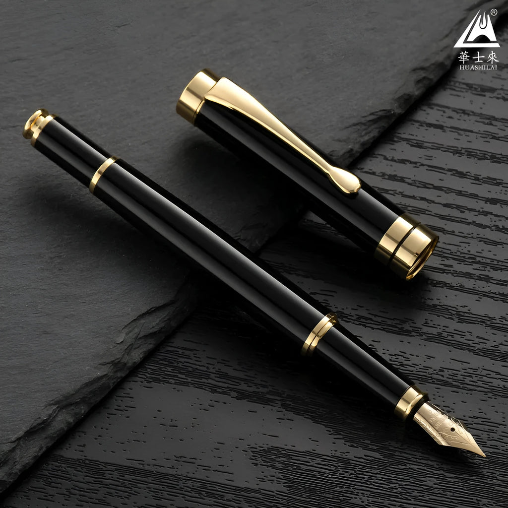Metal fountain pen with F 0.5mm nib in black gold clip colour option