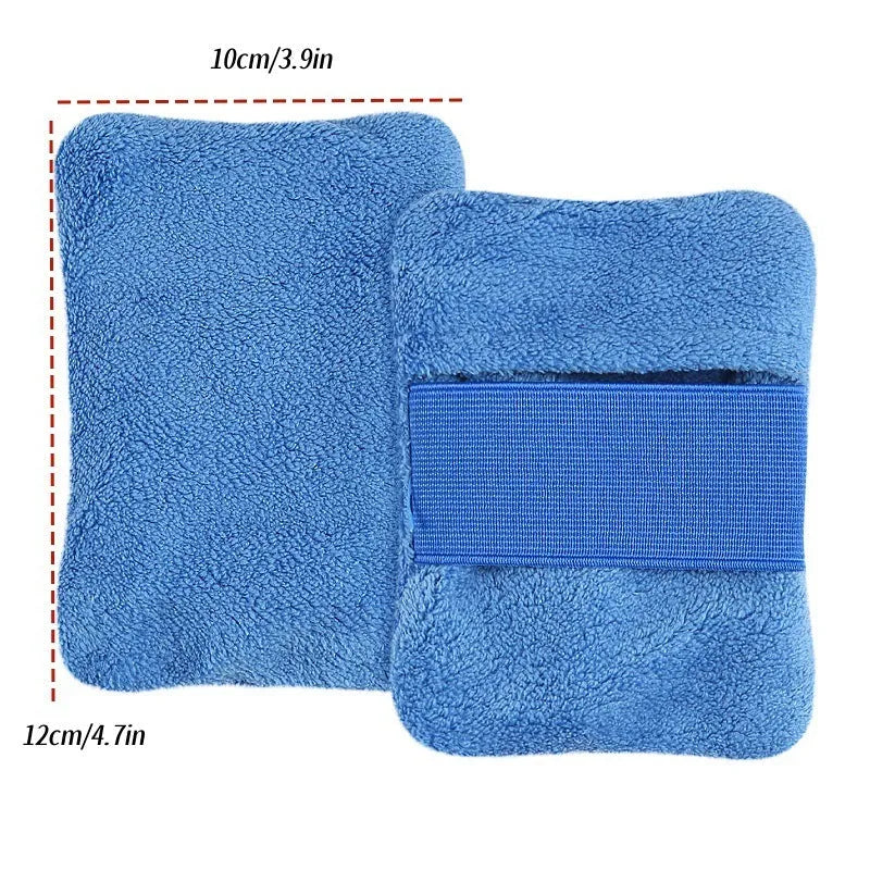 Reusable beach sand remover towel made of coral fleece in blue colour showing size 14x12cm