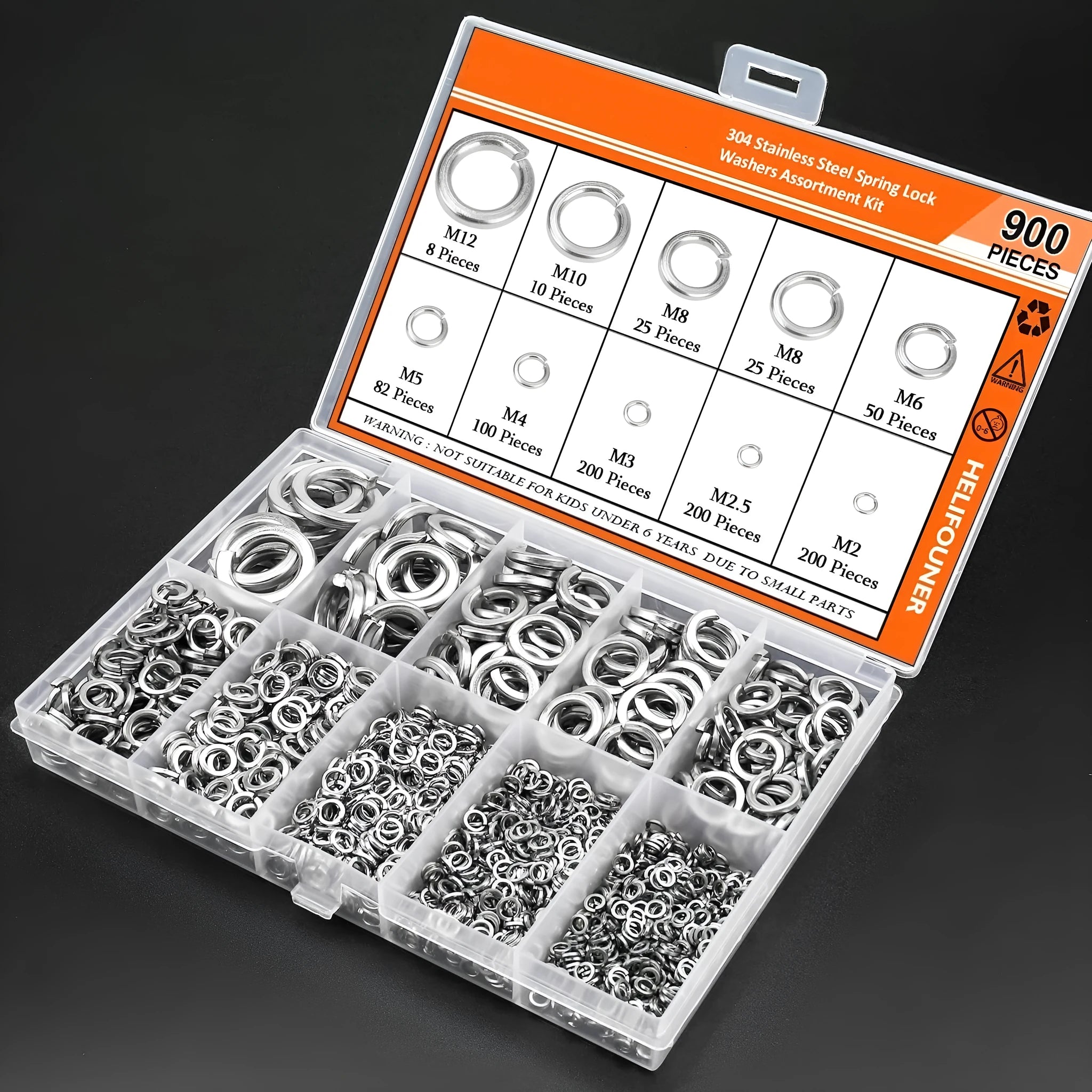Open box showing assortment of 304 stainless steel spring lock washers in various sizes on a white background.