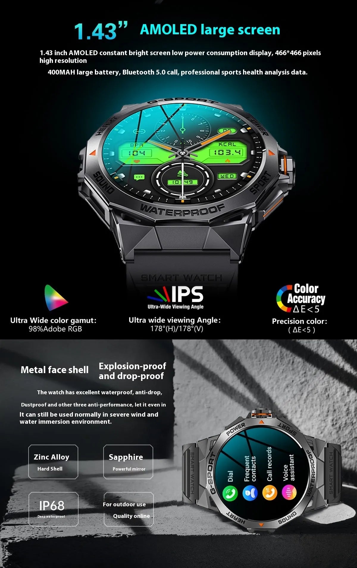 Smart watch with Bluetooth calling, TFT screen, silicone wristband, black or silver orange colour