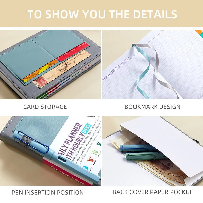 A5 notebook with PU leather cover in various colours, shown open to reveal blank pages and planning stickers.