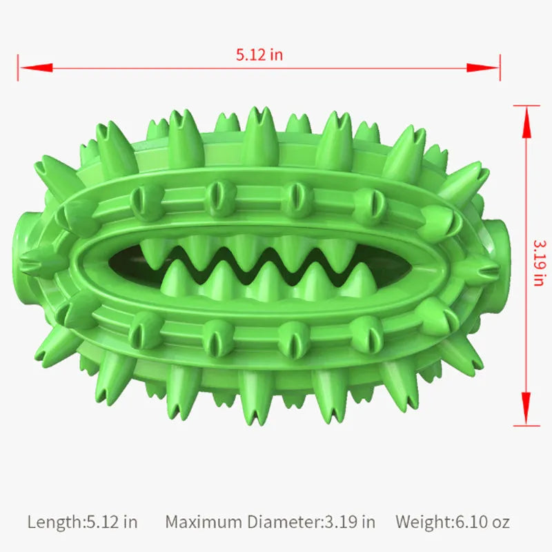 Green cactus-shaped rubber dog chew toy with textured bumps and a central food channel for dental care.