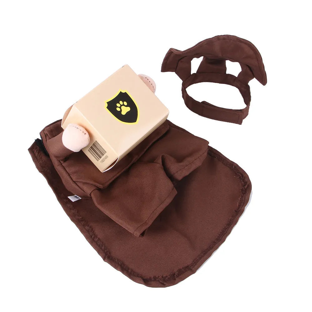 Coffee coloured pet clothing with standing collar design on dog model