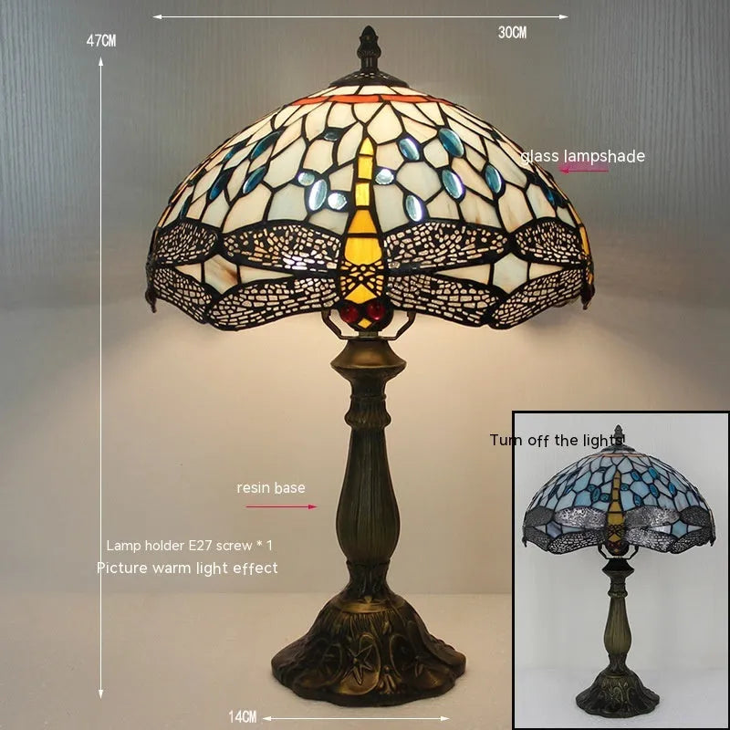 Stone table lamp with dragonfly design in European styling for bedroom or living room